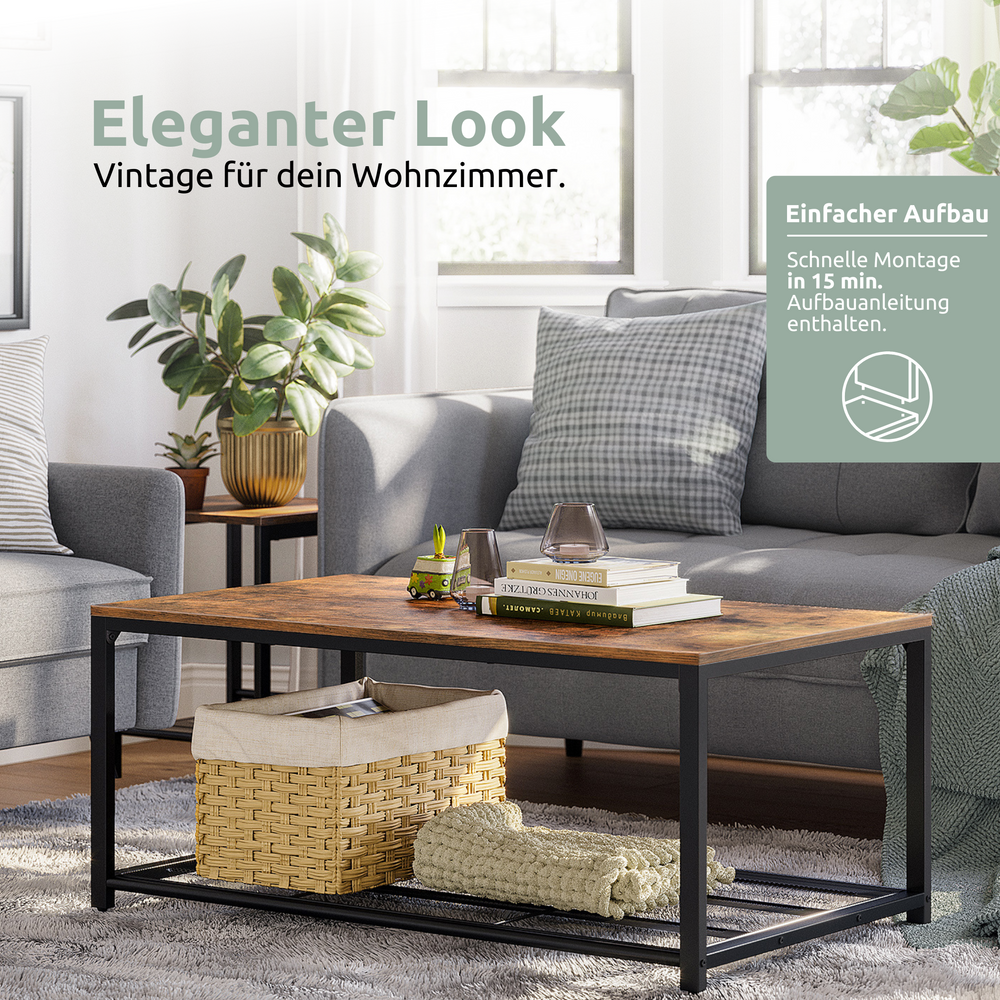 Salontafel Connie in vintage-look voor een grijze bank met mand en deken op het schap