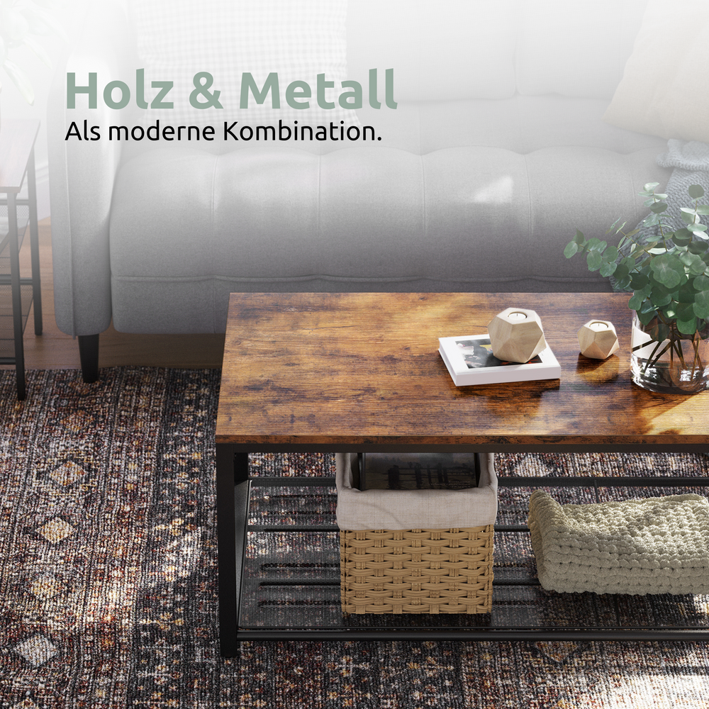 Salontafel Connie van hout en metaal in de woonkamer met mand op het onderste roosterschap