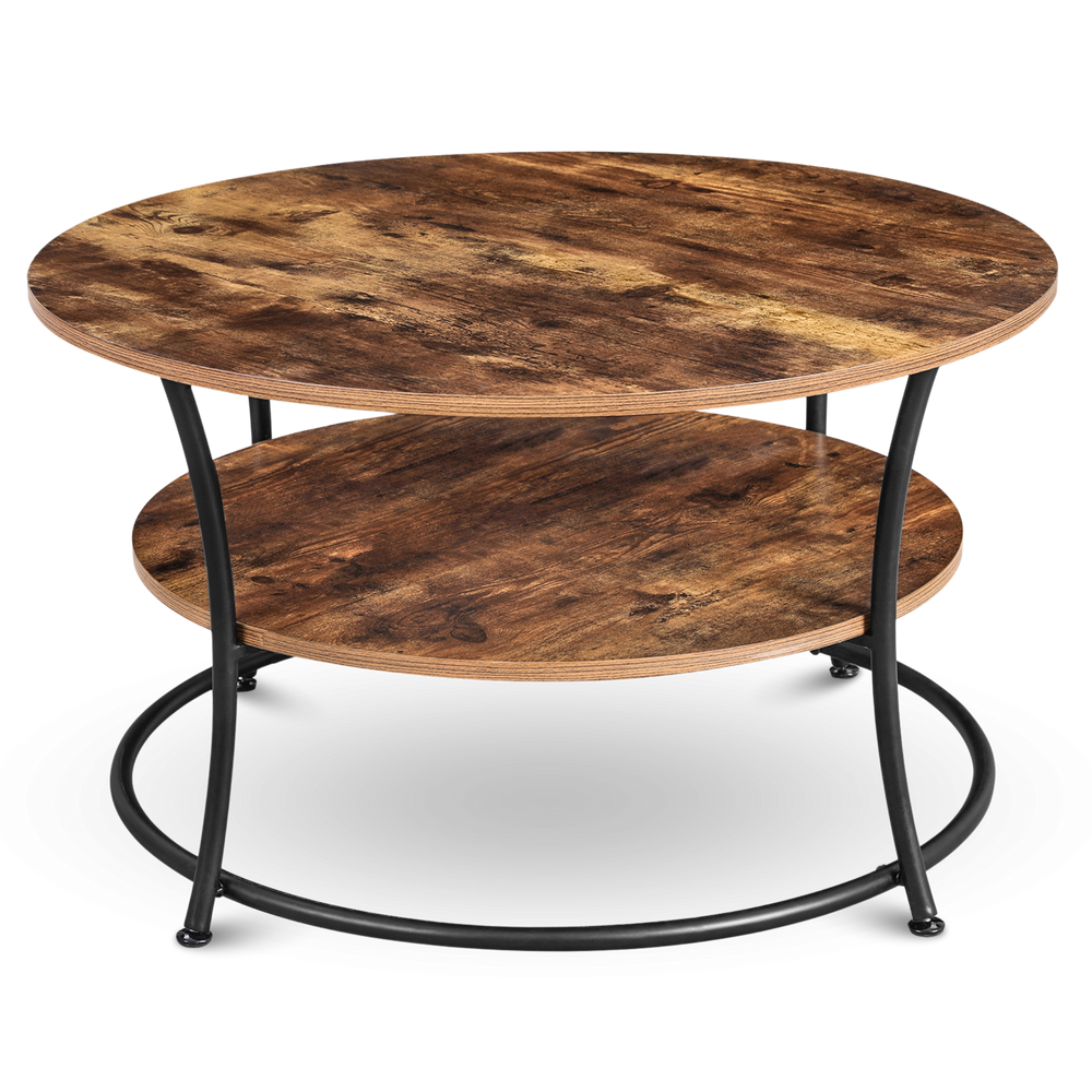 Salontafel Lillie rond met 2 schappen, houtlook en zwart metalen onderstel