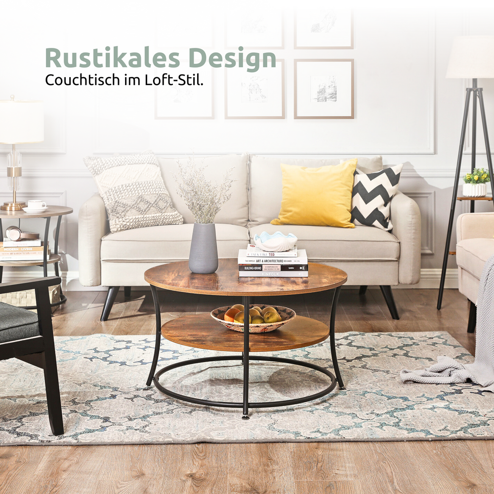 Ronde salontafel Lillie in de loft-woonkamer voor een beige bank met fruitschaal