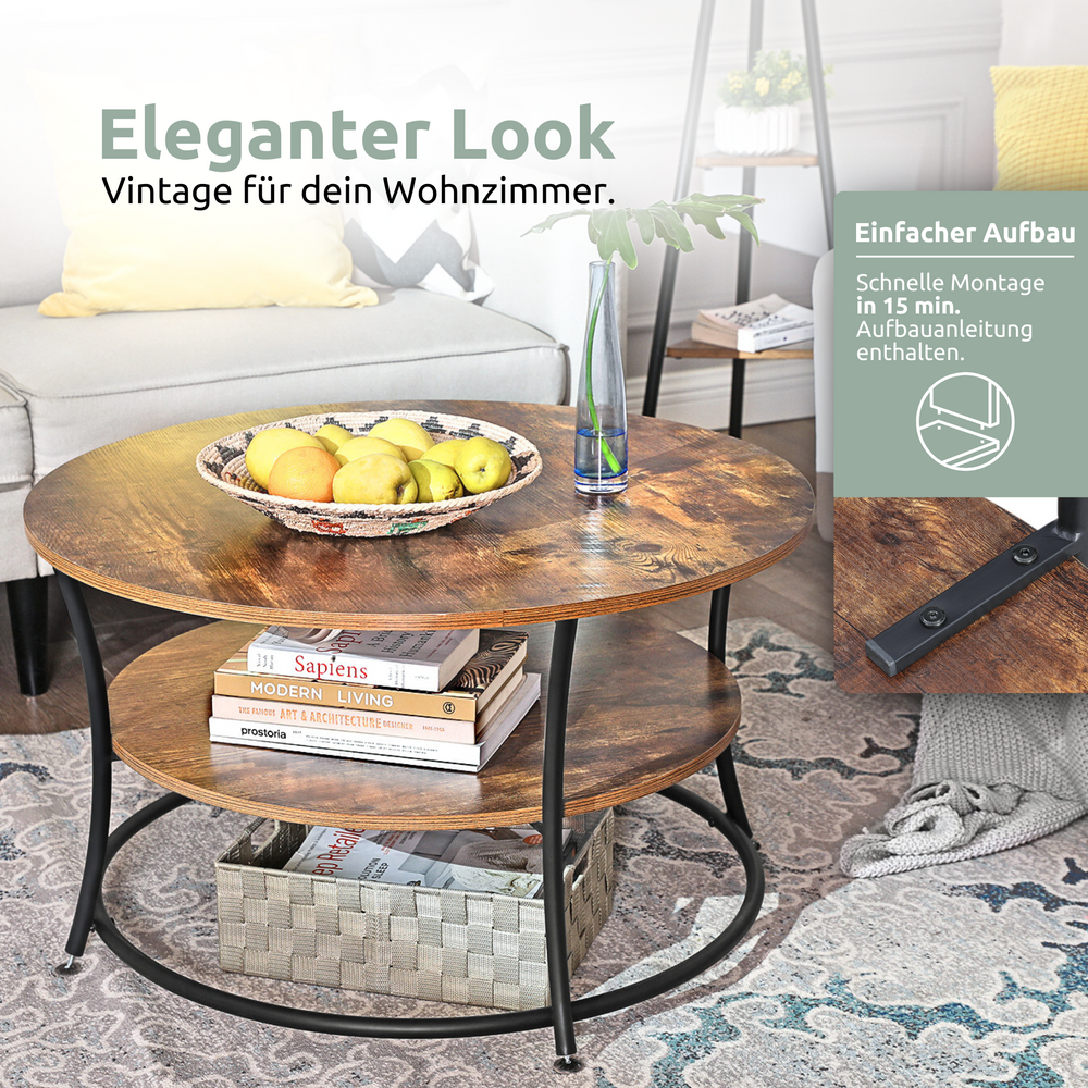 Salontafel Lillie in de vintage-woonkamer met fruitschaal en boeken op het schap