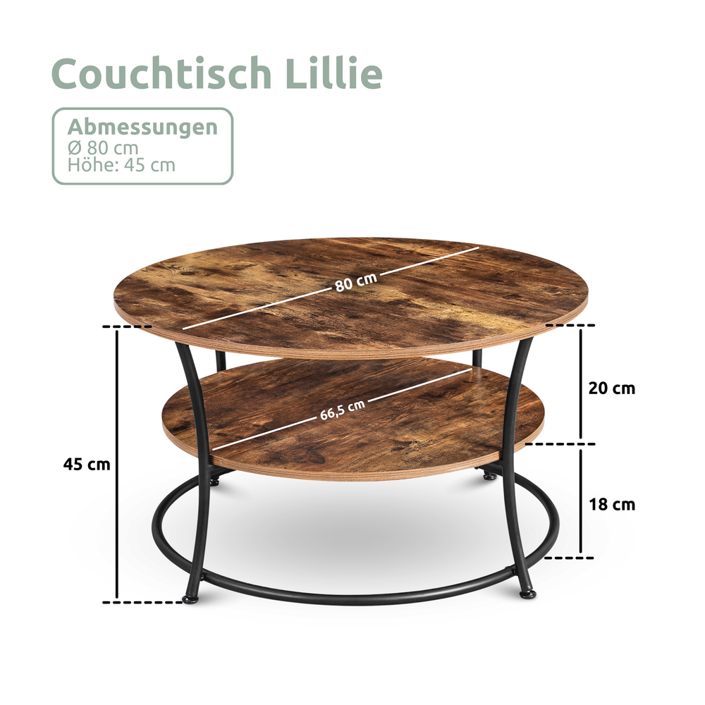 Maattekening salontafel Lillie, Ø 80 cm, 45 cm hoog, onderste schap Ø 66,5 cm