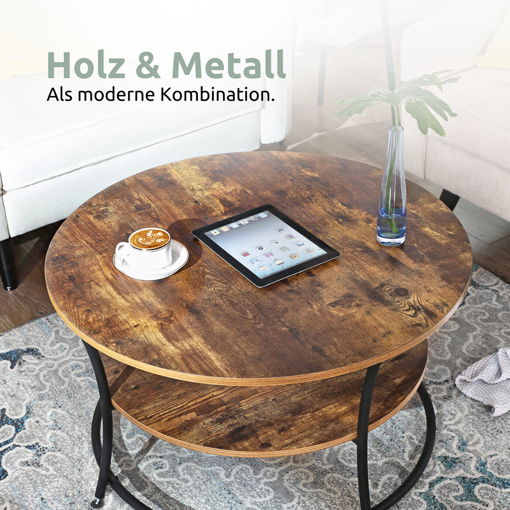 Salontafel Lillie van hout en metaal met tablet en koffie op het blad