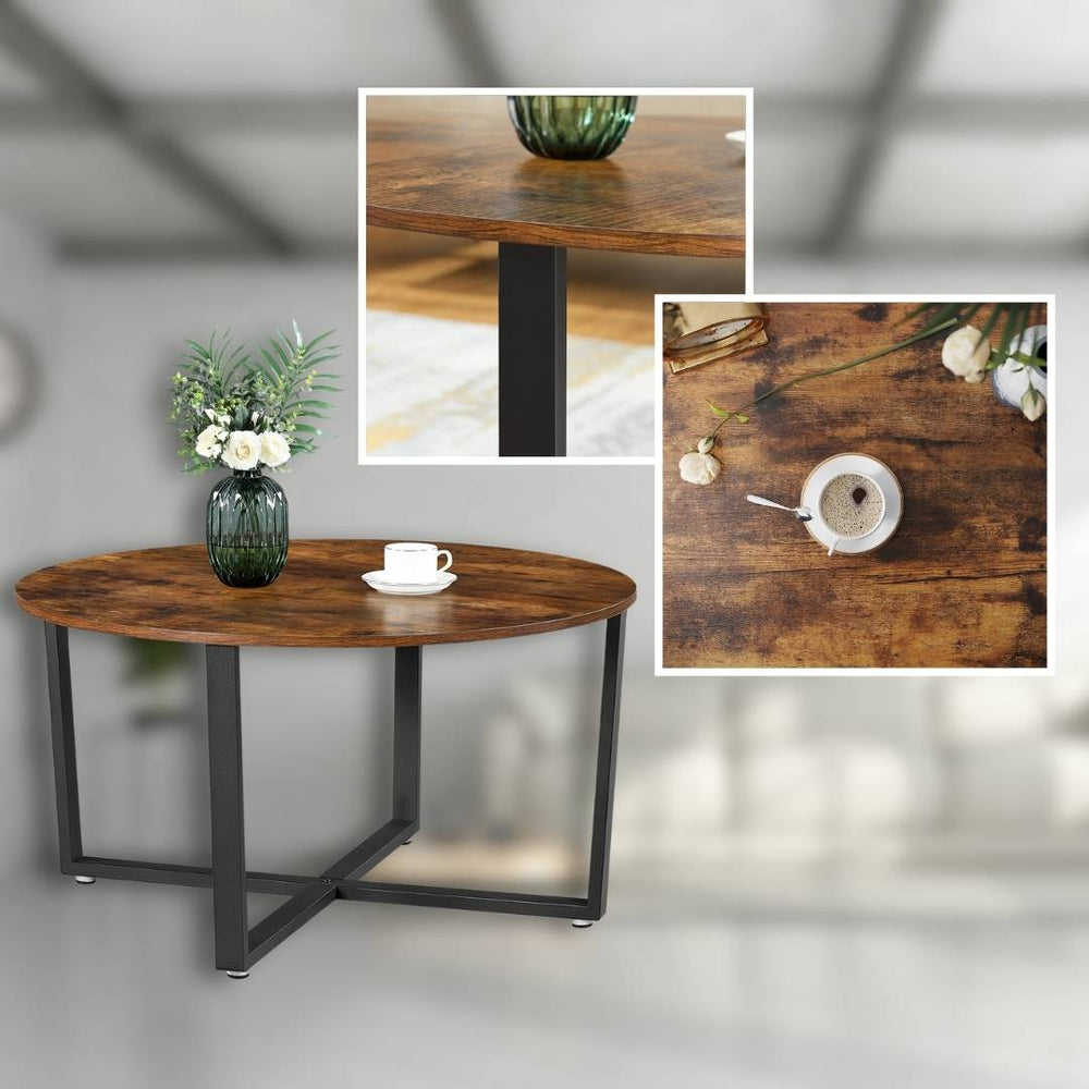 Salontafel Indie met detailopnames van metalen onderstel en houtnerf