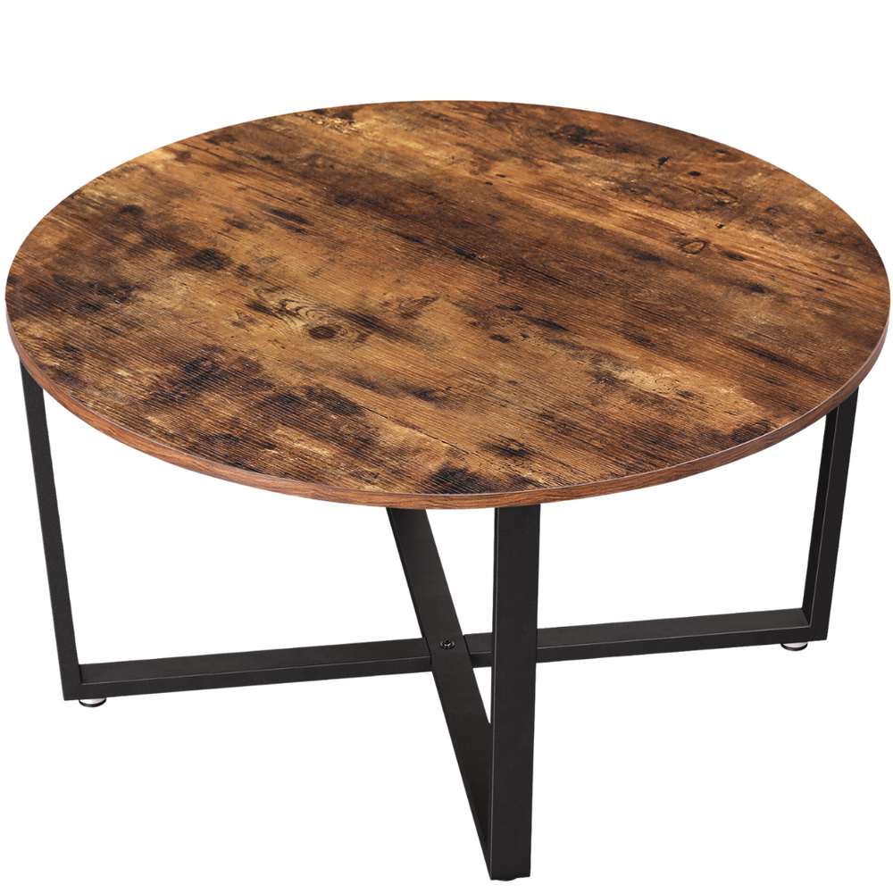 Salontafel Indie rond met rustiek houten blad en zwart metalen X-onderstel, vrijstaand