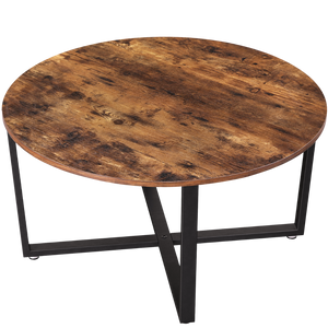 Salontafel Indie rond met rustiek houten blad en zwart metalen X-onderstel, vrijstaand