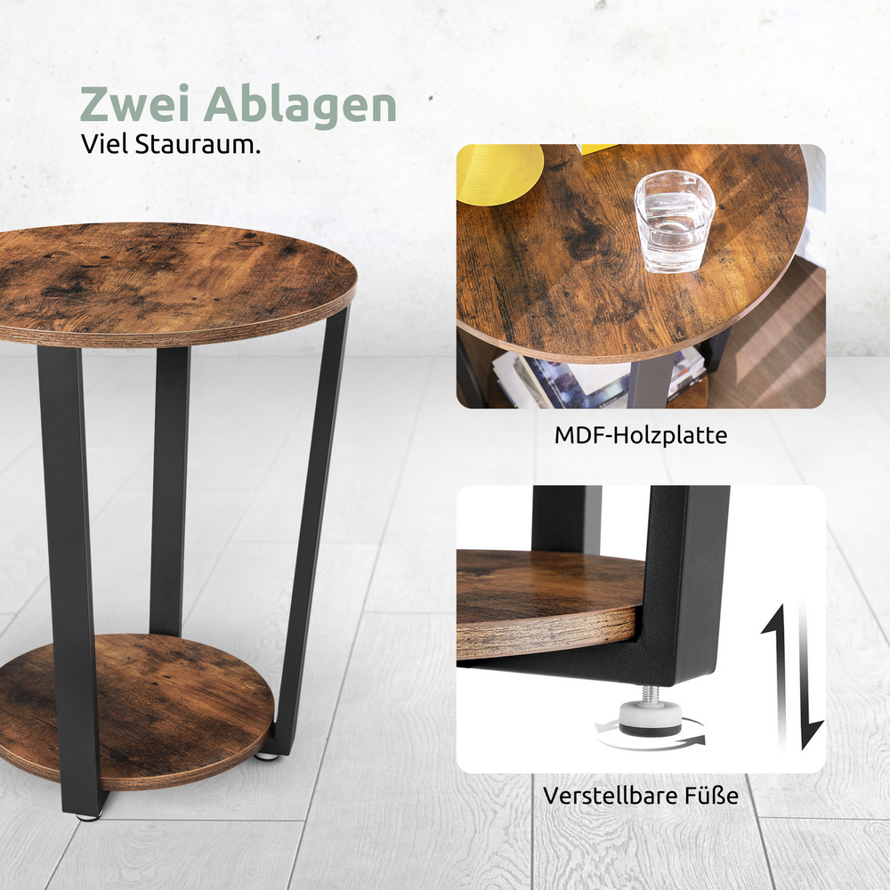 Detailopnamen bijzettafel Lorie: twee schappen, MDF-houten plaat en verstelbare voetjes