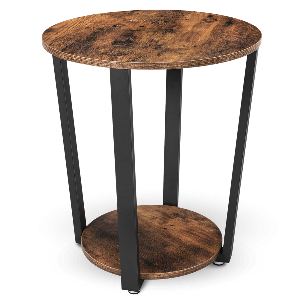 Ronde bijzettafel Lorie in rustieke houtlook met zwart metalen onderstel, vrijstaand