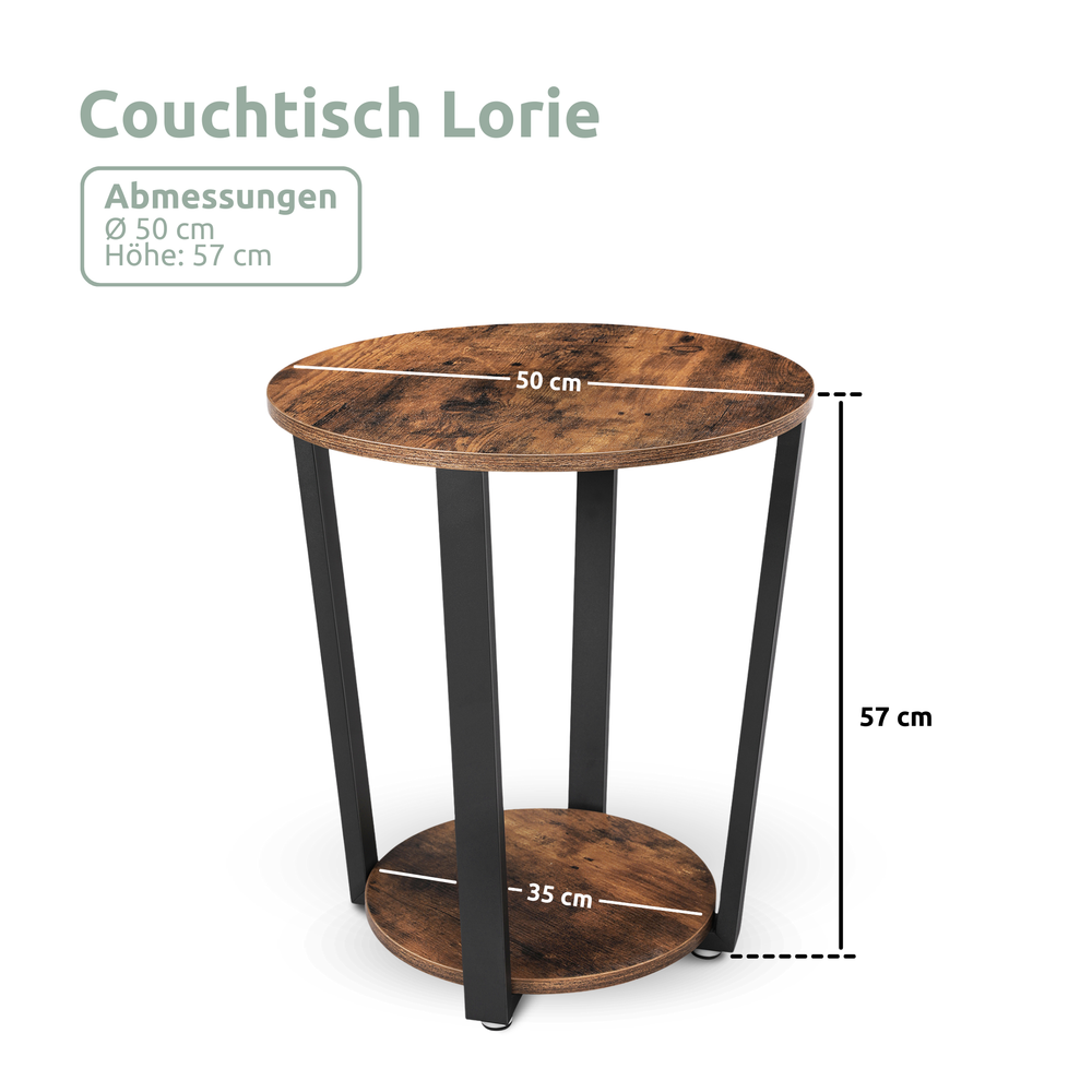 Maattekening bijzettafel Lorie rond, Ø 50 cm, hoogte 57 cm, onderste schap 35 cm
