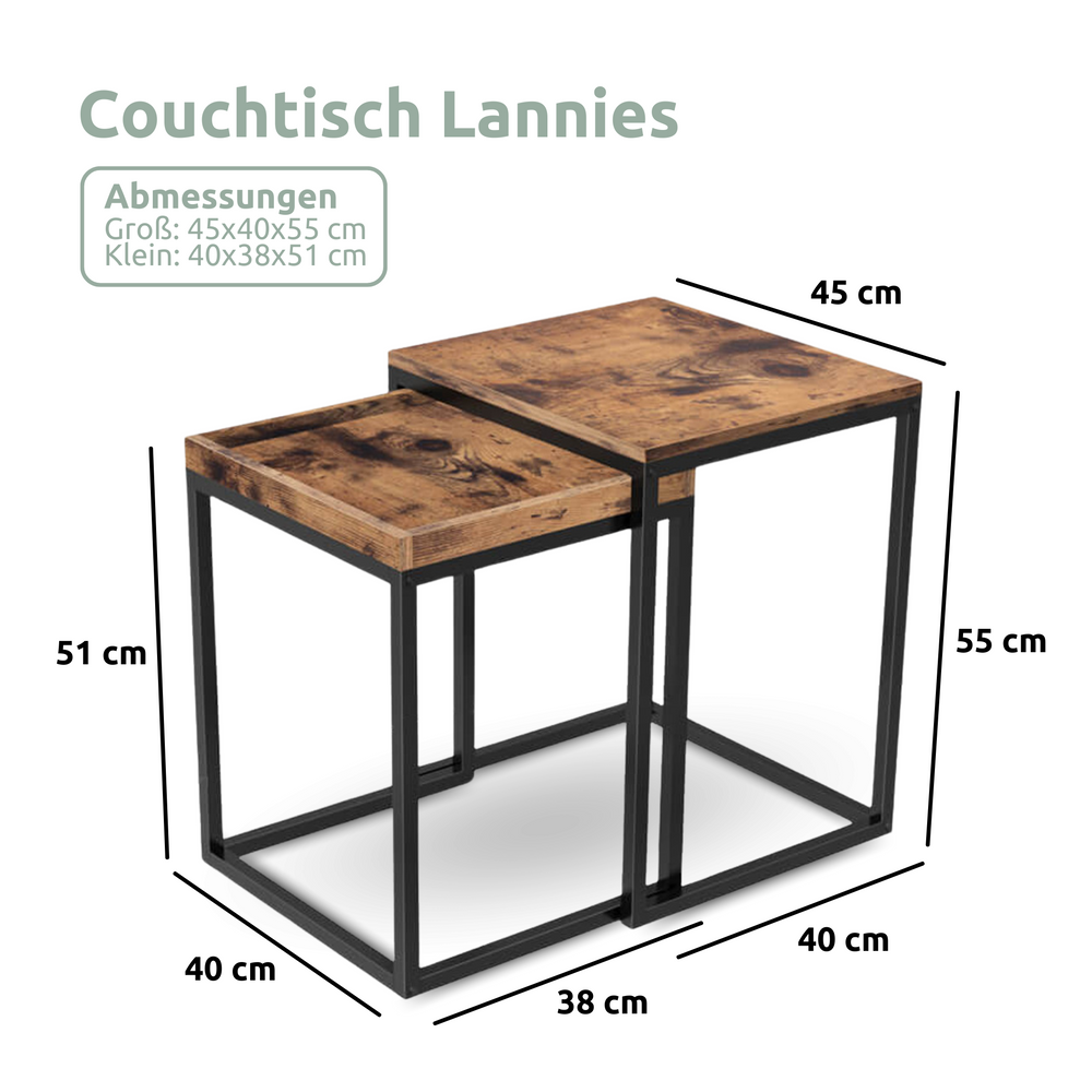 Maattekening 2-delige set salontafels Lannies, groot 45x40x55 cm, klein 40x38x51 cm