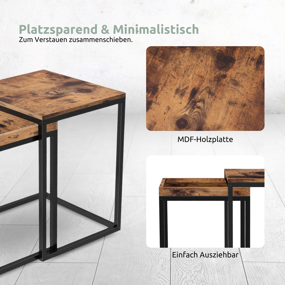 Salontafels Lannies ruimtebesparend in elkaar geschoven, detail van het rustieke MDF-houten blad