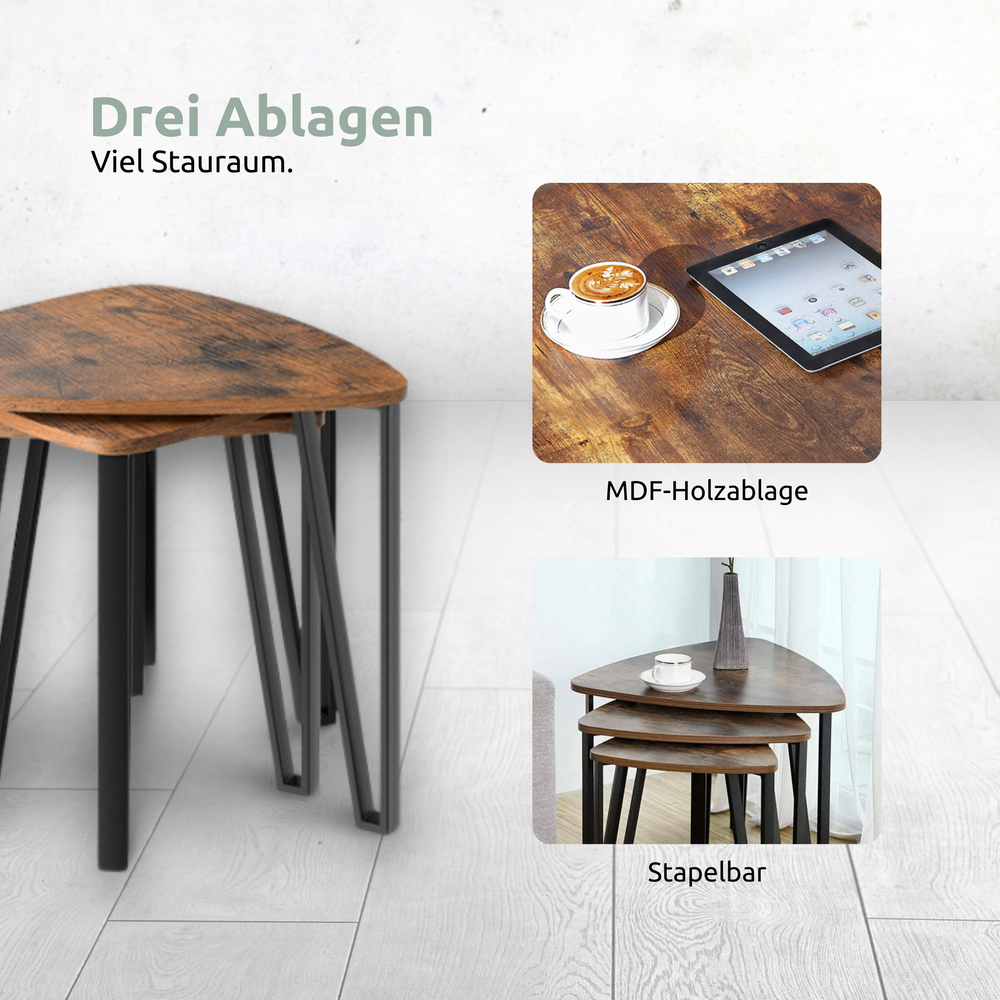Detailcollage Radon: zwarte metalen poten, MDF-houten schap met tablet en stapelbare tafelgroep