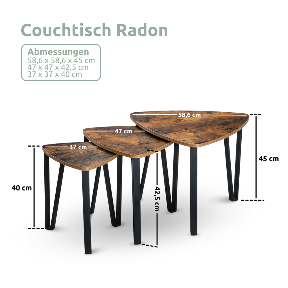 Maattekening Radon 3-delige set: tafels 58,6 / 47 / 37 cm breed, hoogtes 45 / 42,5 / 40 cm