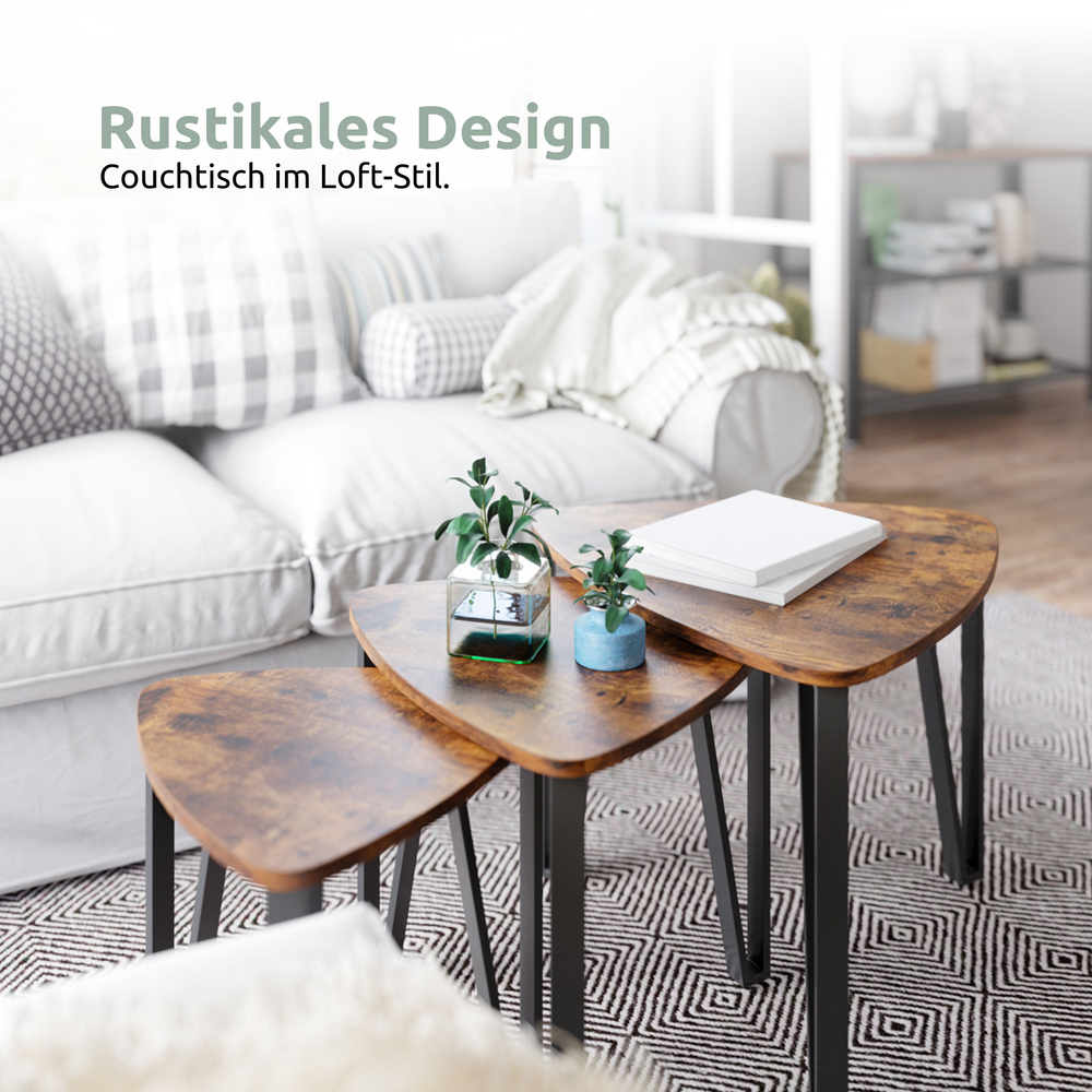 Radon-bijzettafels als salontafel in loftstijl voor een lichte bank met boek en plant