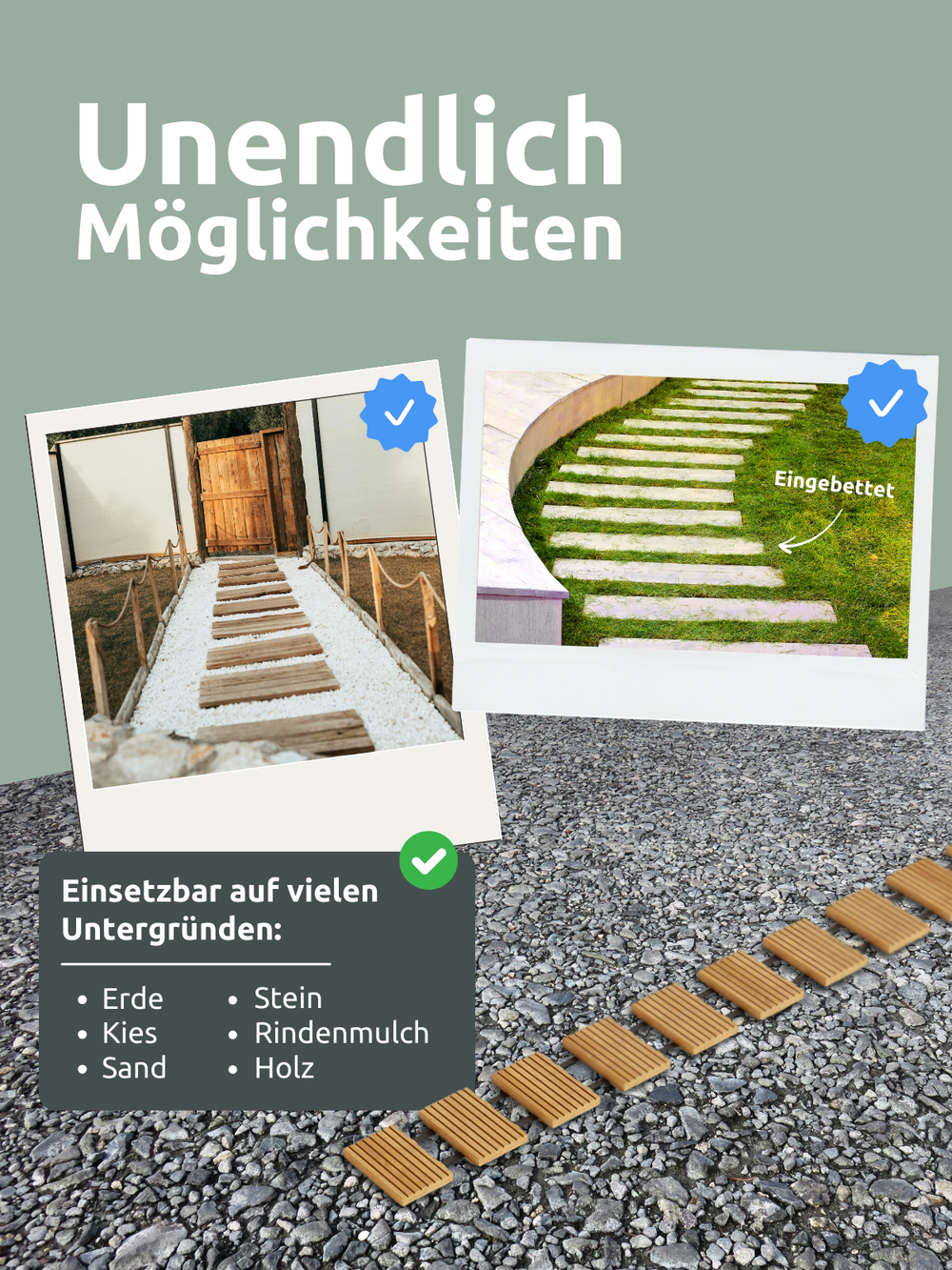 Infographic: rolpad te gebruiken op aarde, grind, zand, steen, boomschors en hout