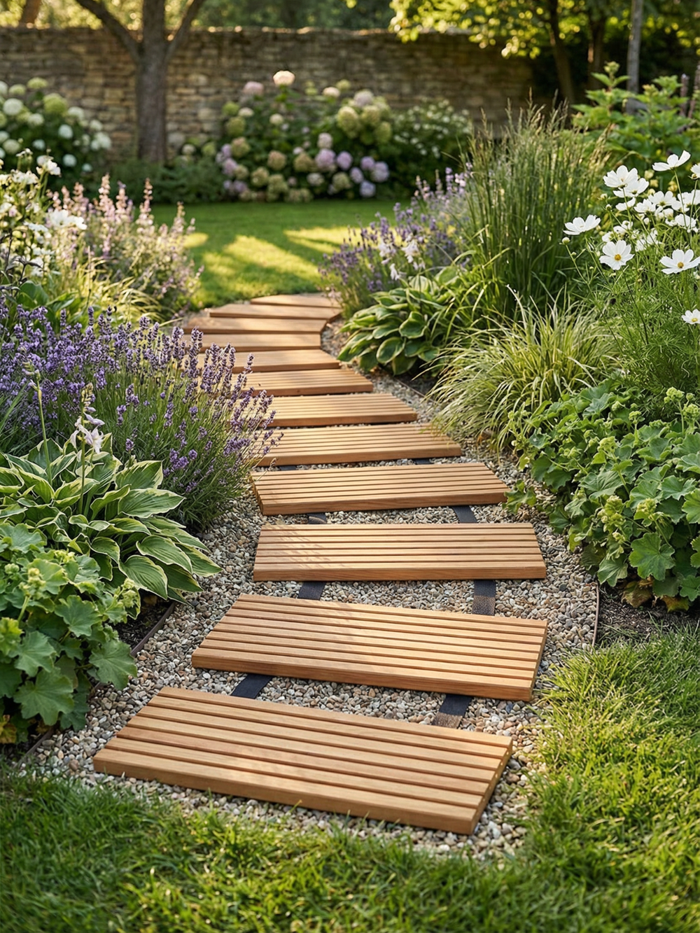 Rolpad van lariks als tuinpad tussen lavendel en border op grind