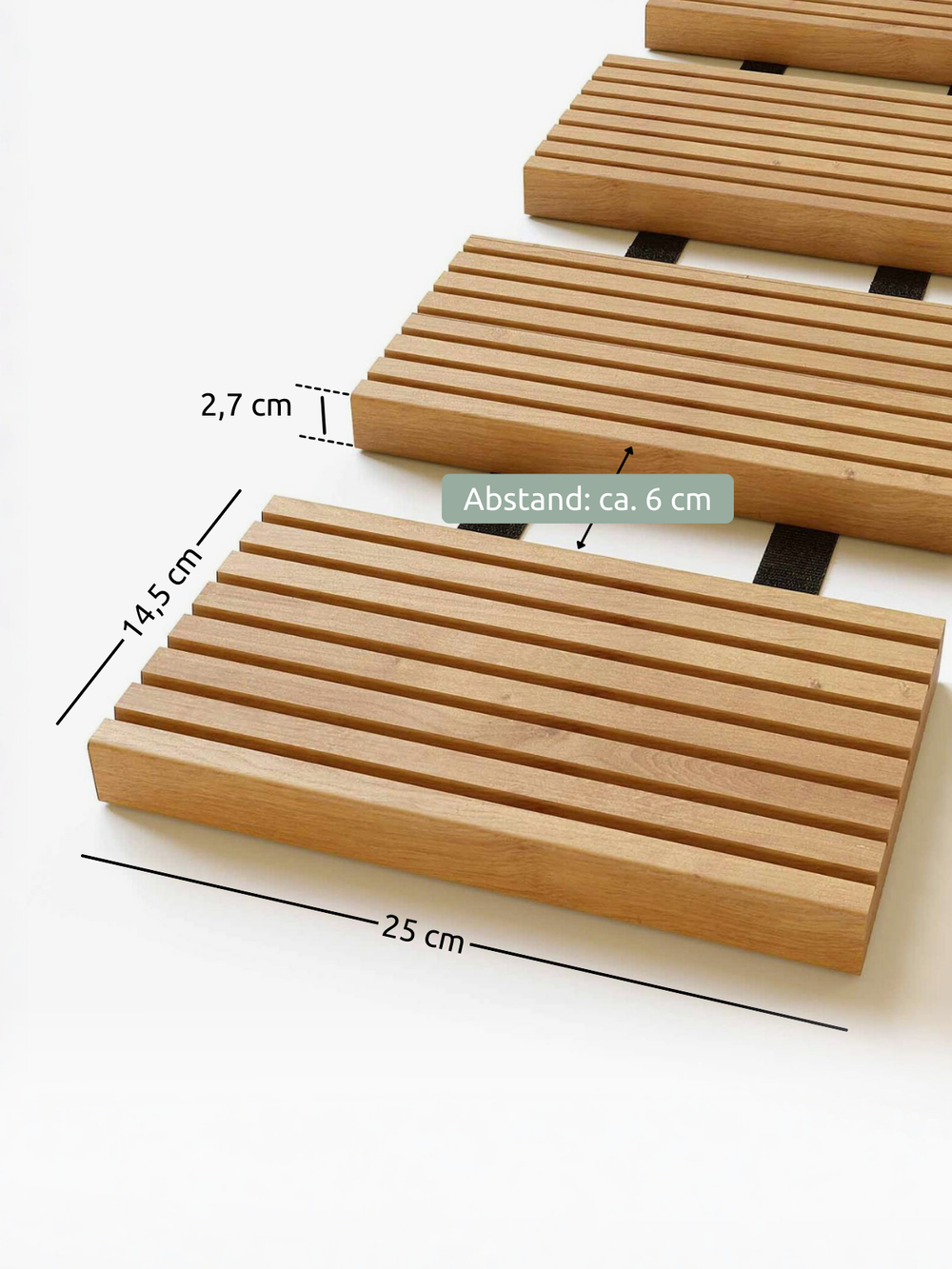 Maattekening rolpad lariks: trede 25 cm breed, 14,5 cm diep, 2,7 cm hoog, afstand 6 cm