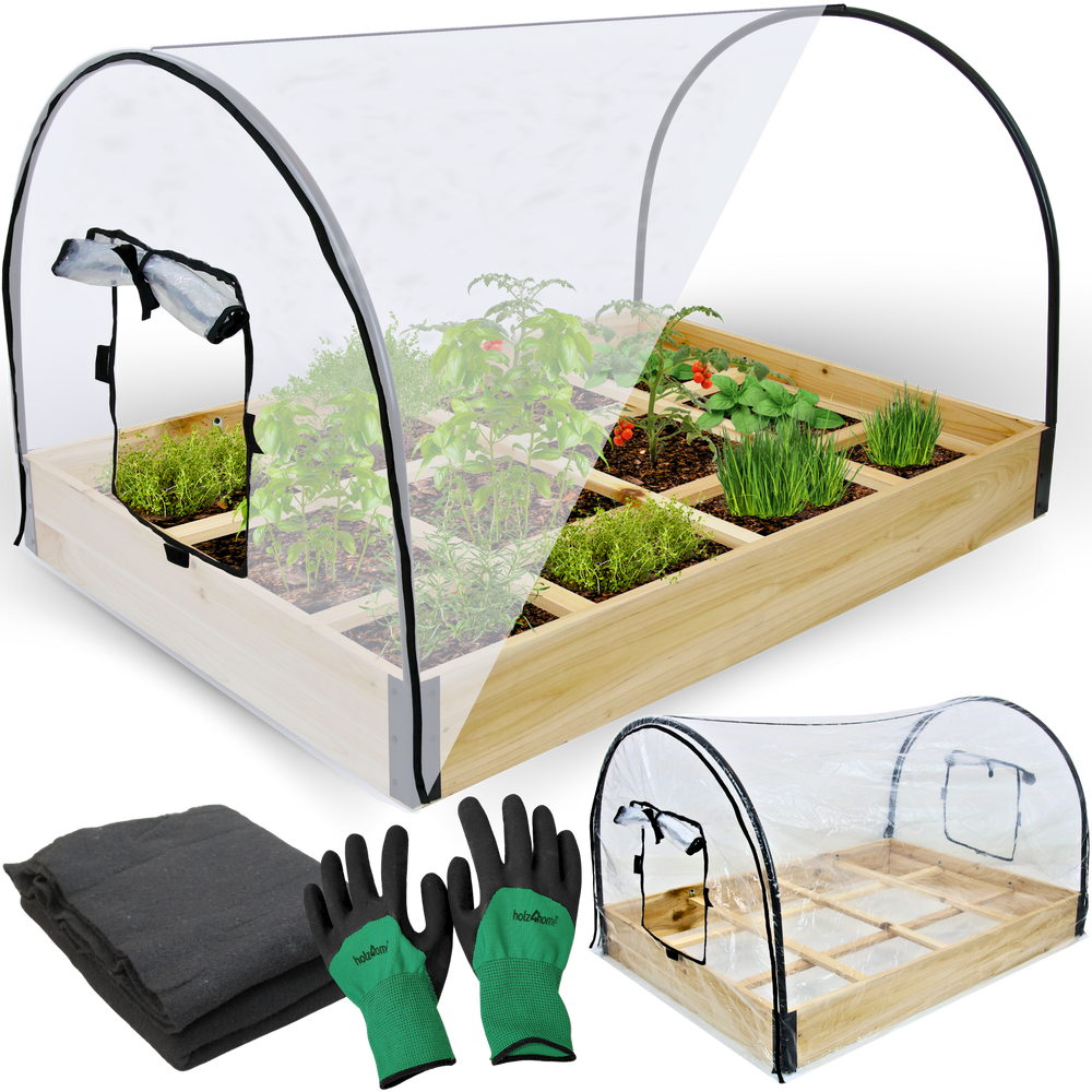 Moestuinbak van hout met transparante pvc-afdekking, beplant, met vlies en handschoenen