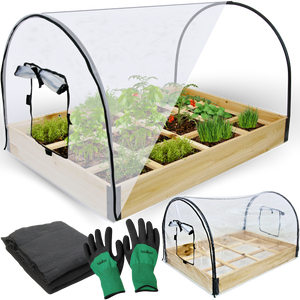 Moestuinbak van hout met transparante pvc-afdekking, beplant, met vlies en handschoenen