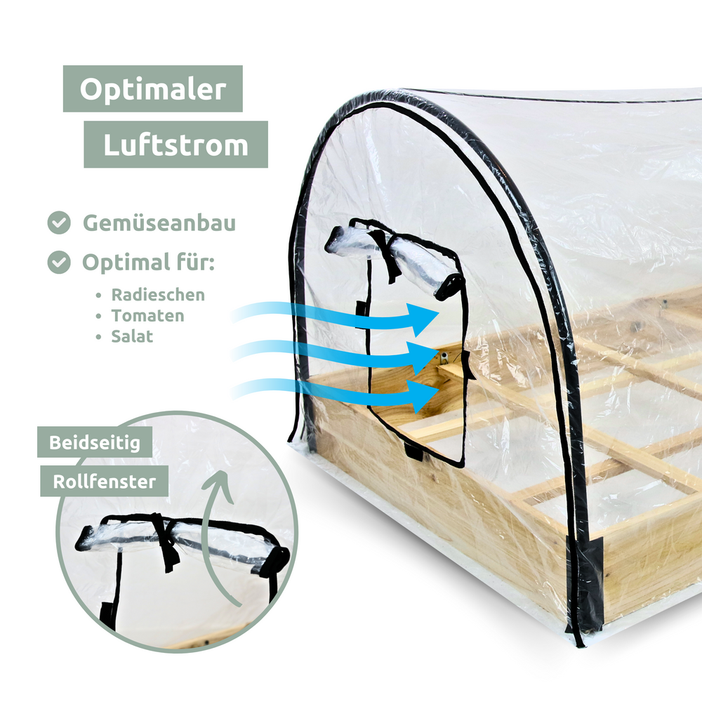 Afdekking van de moestuinbak met rolvenster aan beide zijden voor optimale luchtstroom