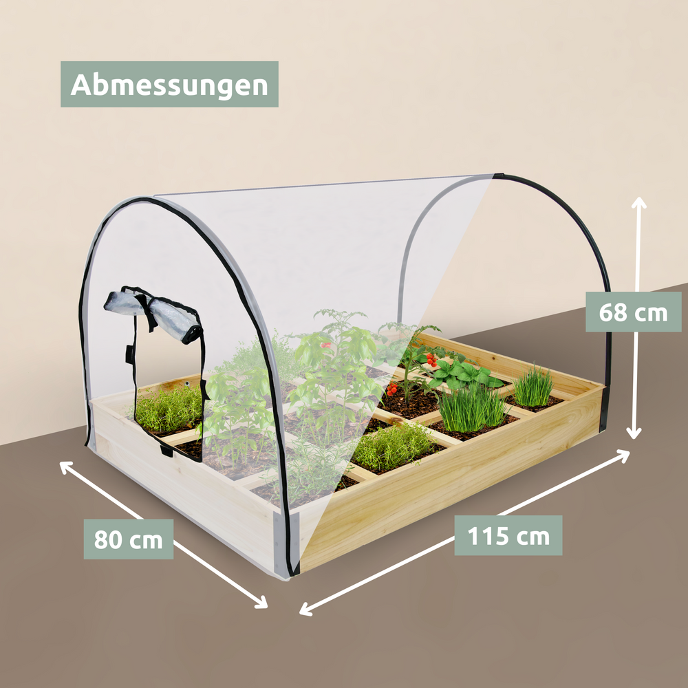 Maattekening moestuinbak met afdekking, 115 cm breed, 80 cm diep, 68 cm hoog