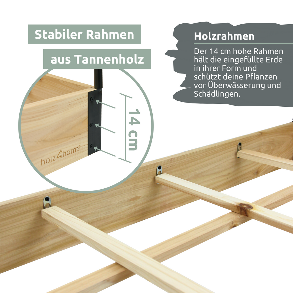 Stevig houten frame van de moestuinbak van vurenhout, 14 cm hoog, detailweergave