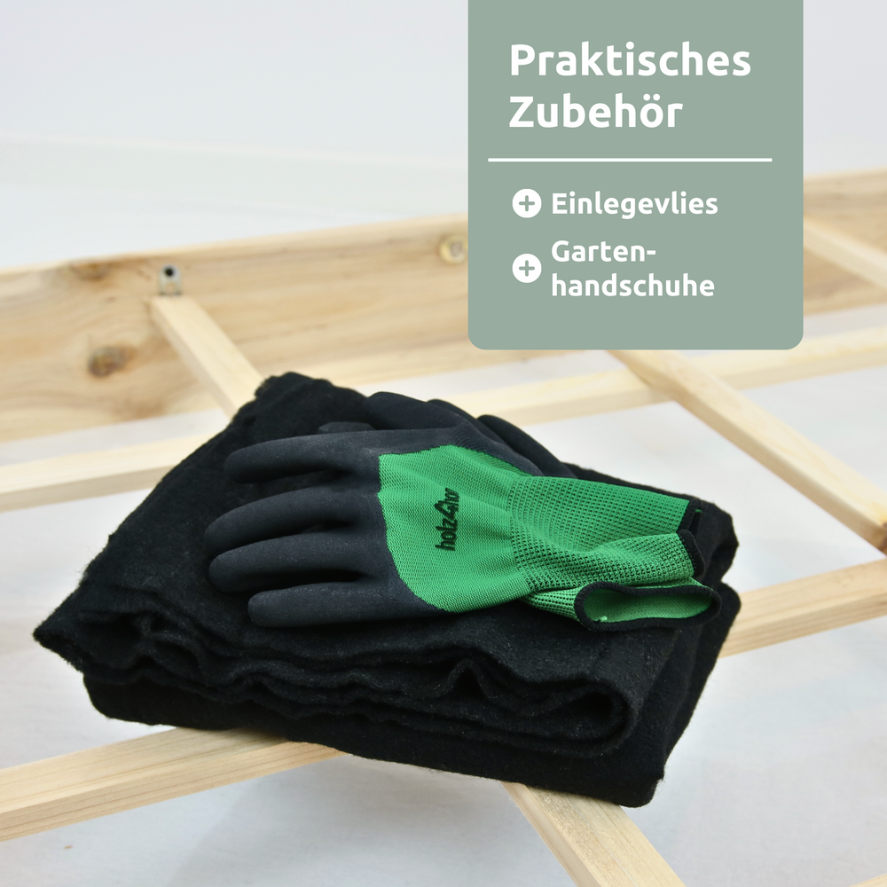 Meegeleverde accessoires: inlegvlies en tuinhandschoenen op het houten frame