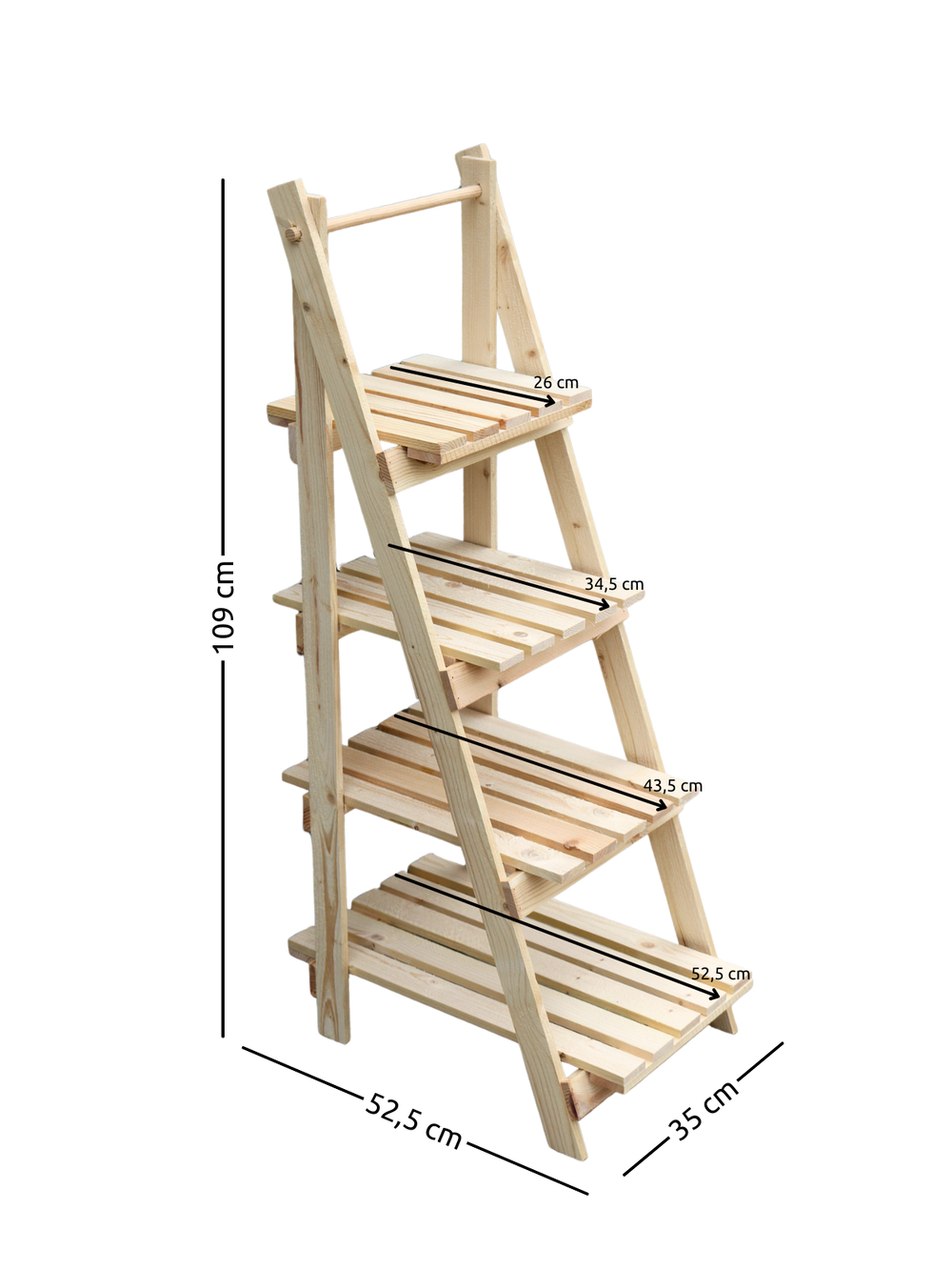 Maattekening plantenladder, 109 cm hoog, 52,5 cm breed, 4 legplanken