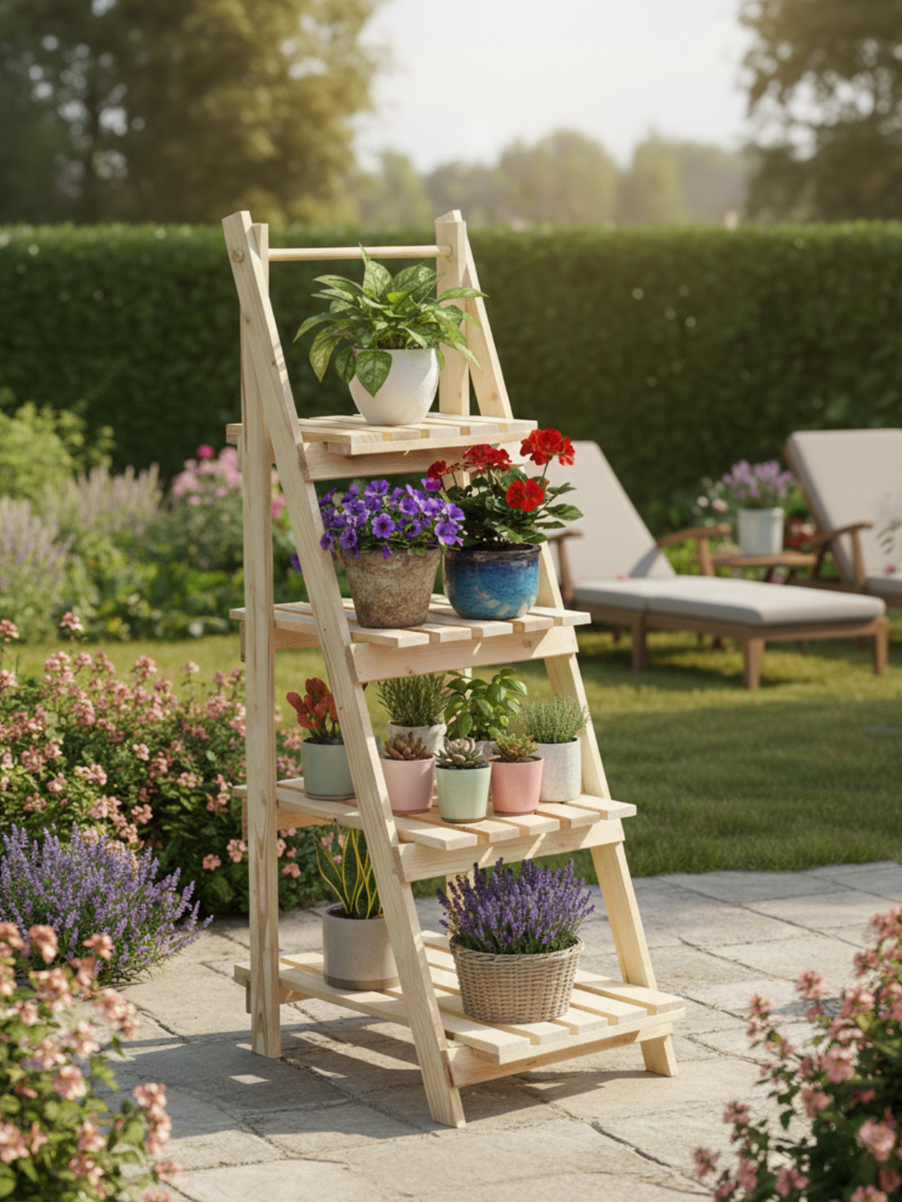 Bloementrap in de tuin beplant met petunia's, geraniums en lavendel
