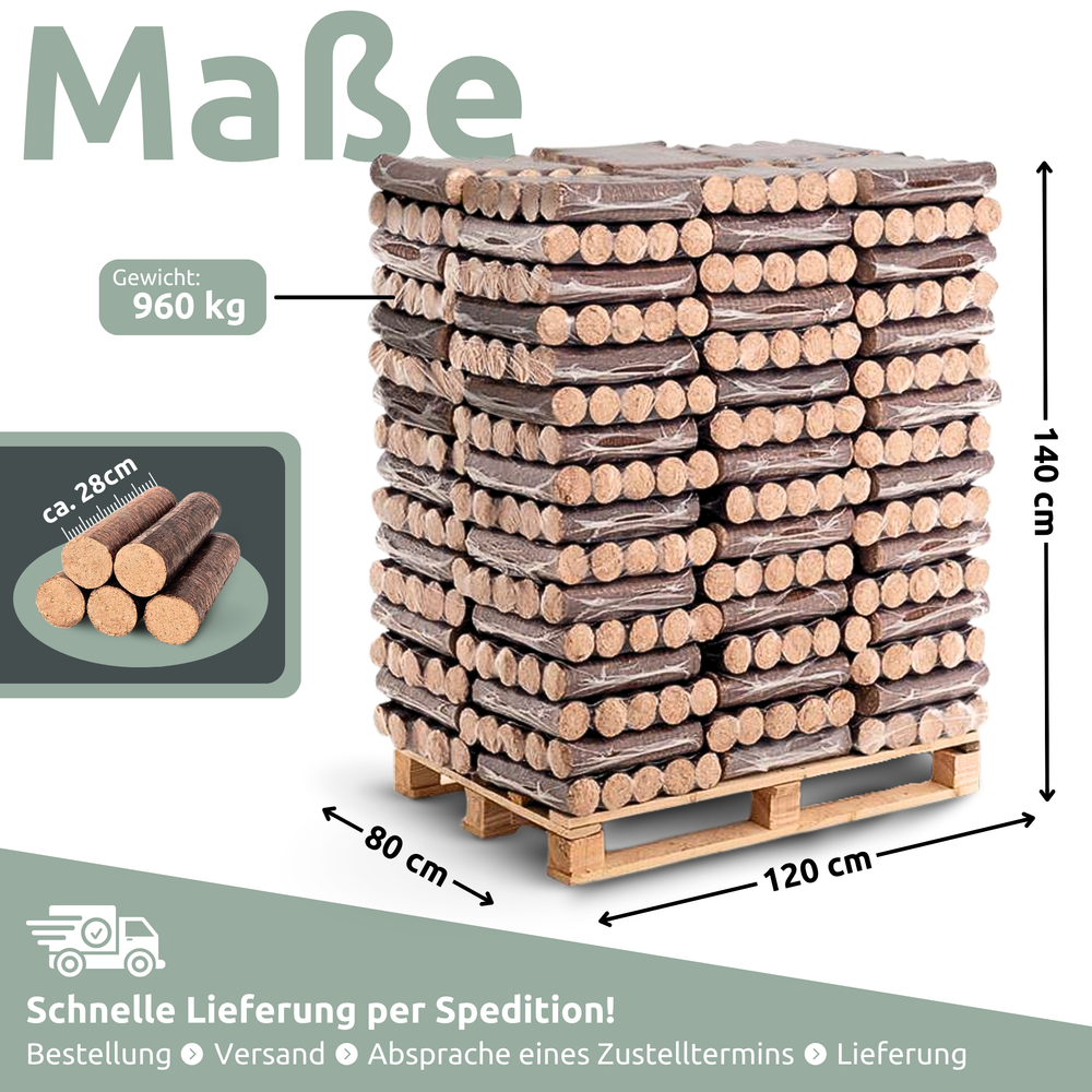 Afmetingen pallet eikenbriketten: 960 kg, 140 x 80 x 120 cm, briketten ca. 28 cm lang