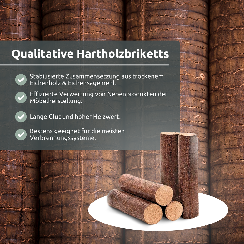 Infographic hardhoutbriketten van eikenzaagmeel: lange gloed, hoge verbrandingswaarde, schone verbranding