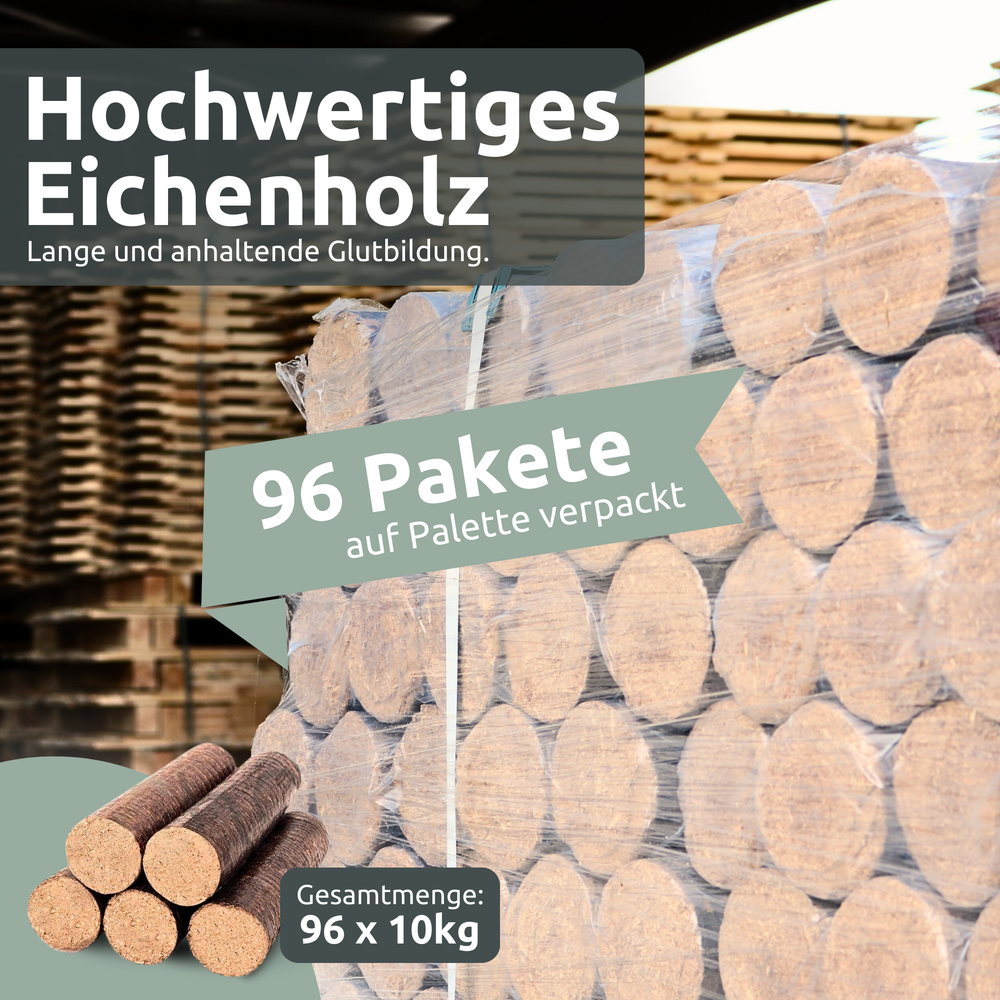 Eikenbriketten op pallet: 96 pakketten van 10 kg, hoogwaardig eikenhout voor lange gloed