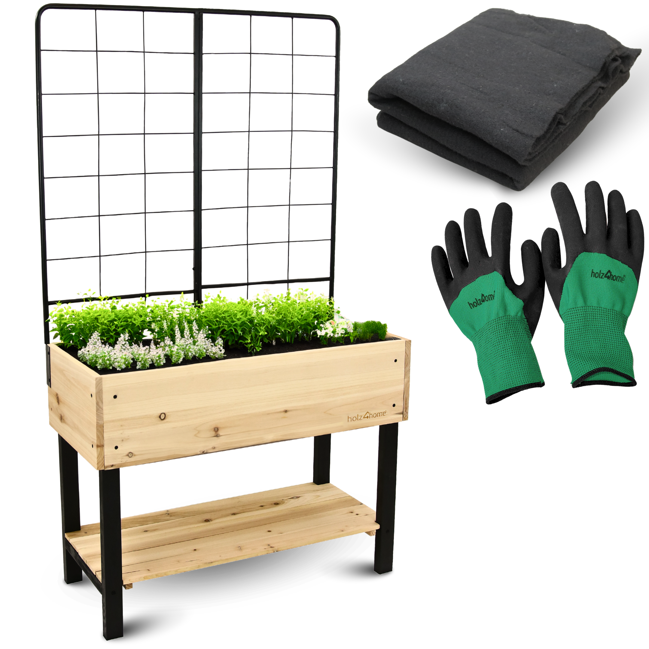 Moestuinbak met klimrek van metaal, beplant, ernaast inlegvlies en tuinhandschoenen