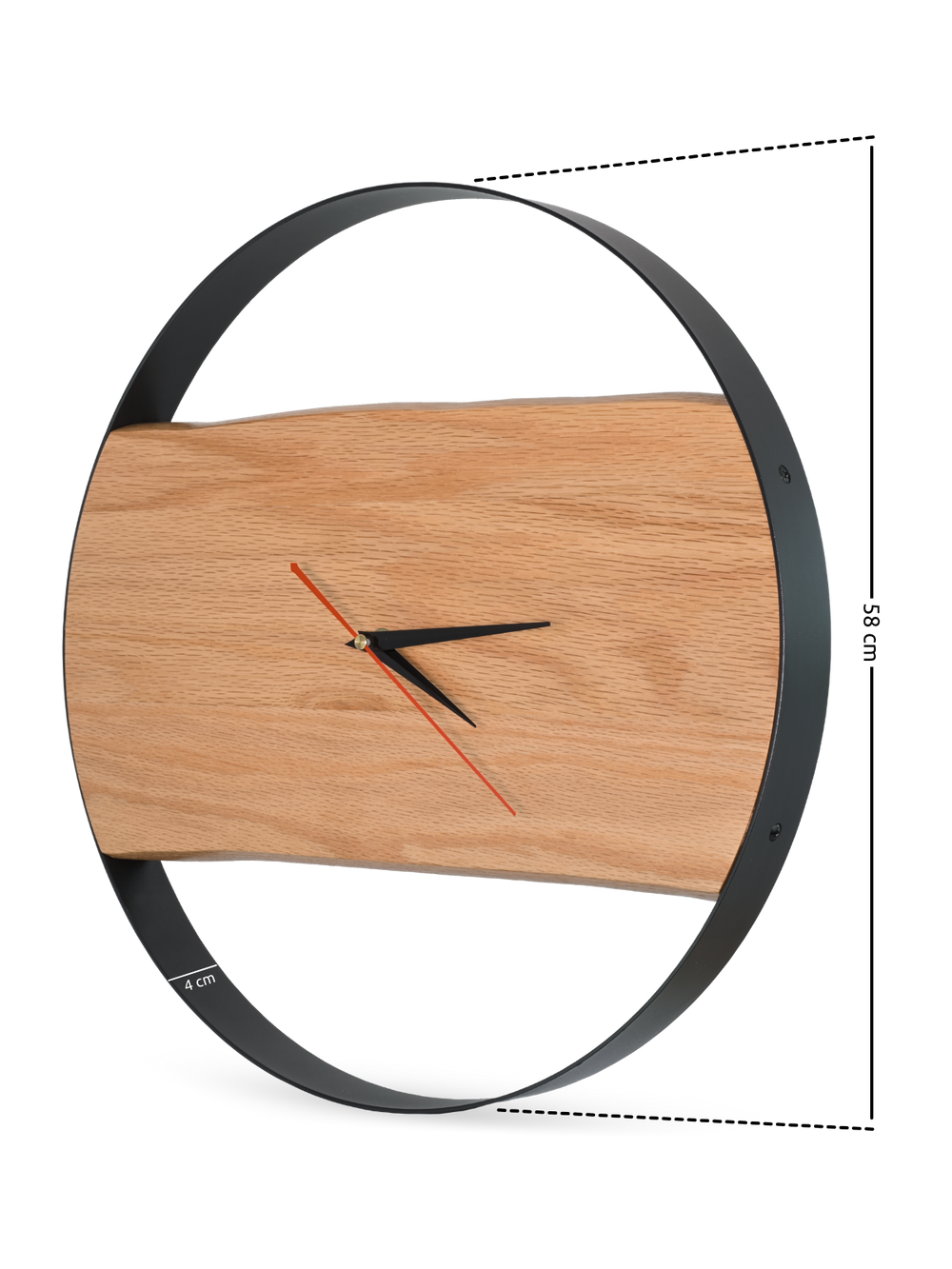 Maattekening van de ronde wandklok met stalen ring, 58 cm diameter en 4 cm diep, schuin aanzicht