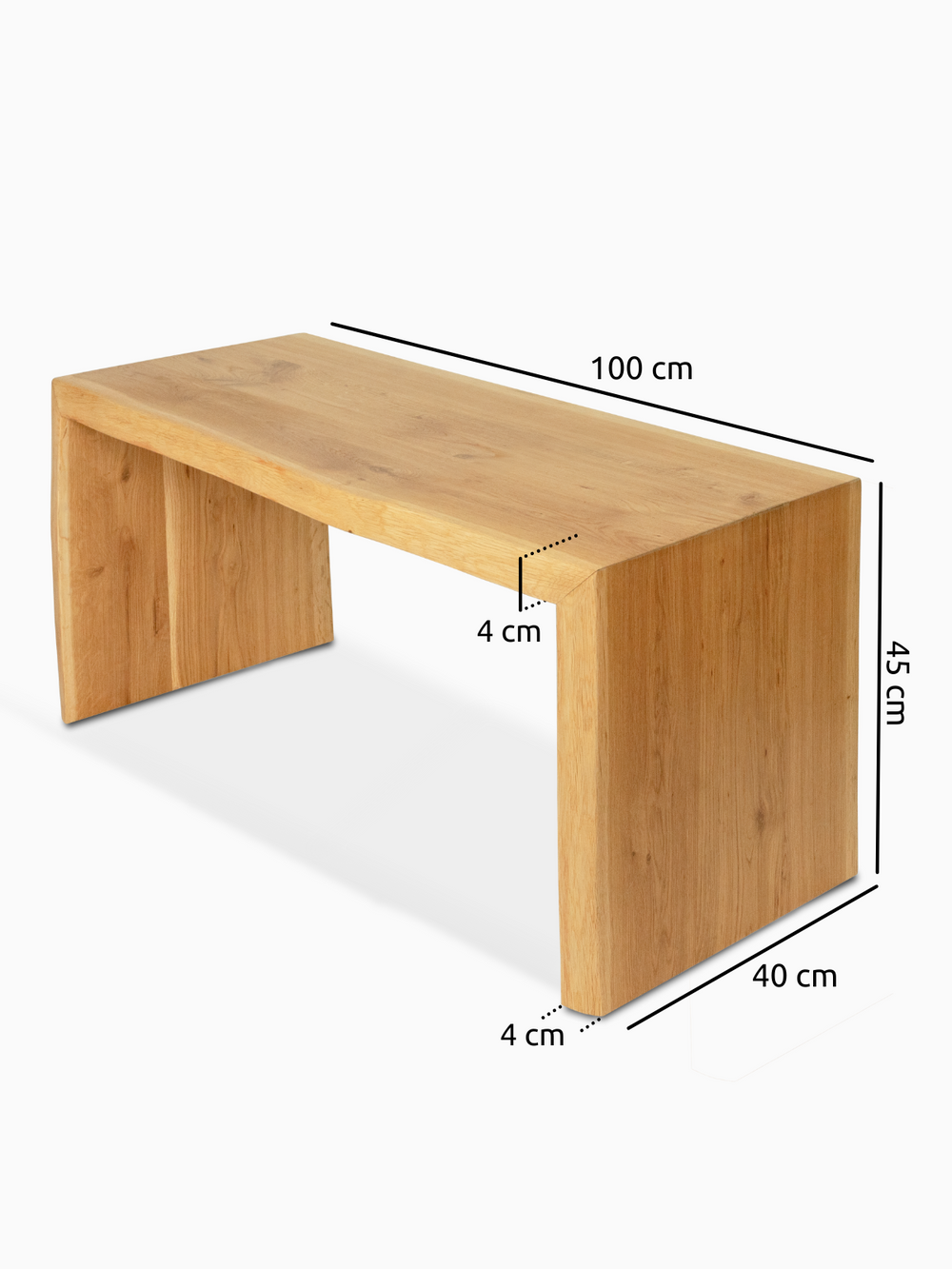 Maattekening van de massief houten bank van eiken, 100 cm lang, 40 cm diep en 45 cm hoog