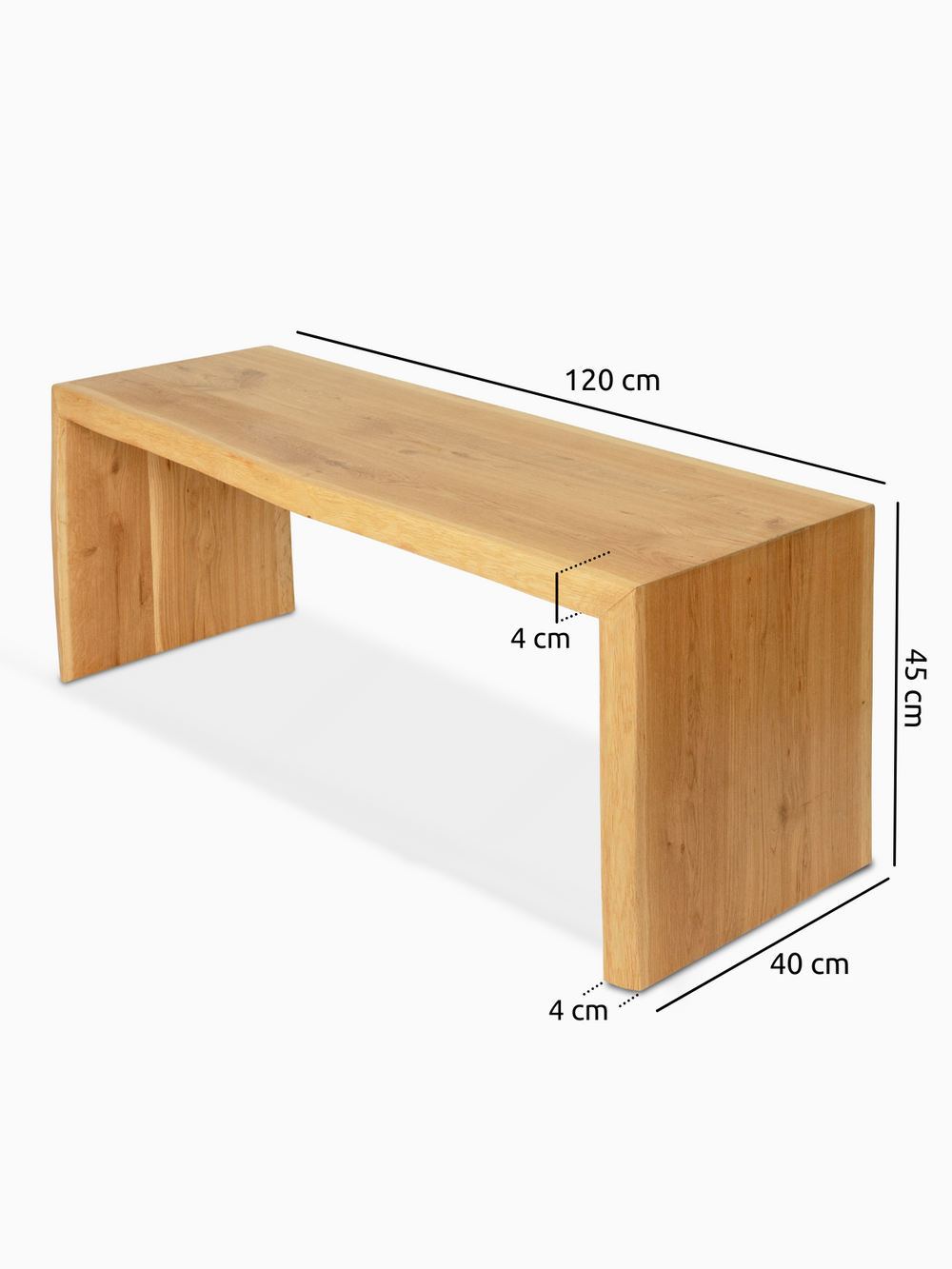 Maattekening van de massief houten bank van eiken, 120 cm lang, 40 cm diep en 45 cm hoog