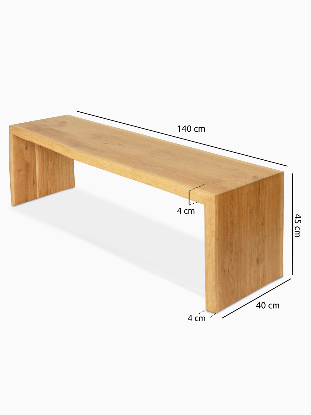 Maattekening van de massief houten bank van eiken, 140 cm lang, 40 cm diep en 45 cm hoog