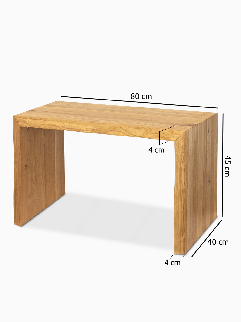 Maattekening van de massief houten bank van eiken, 80 cm lang, 40 cm diep en 45 cm hoog