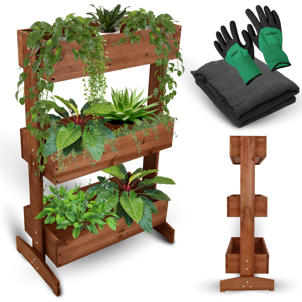 Beplante moestuinbak met 3 niveaus van hout, met tuinhandschoenen en vlies