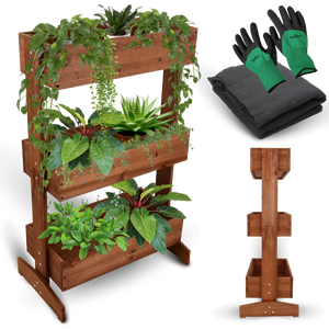 Beplante moestuinbak met 3 niveaus van hout, met tuinhandschoenen en vlies