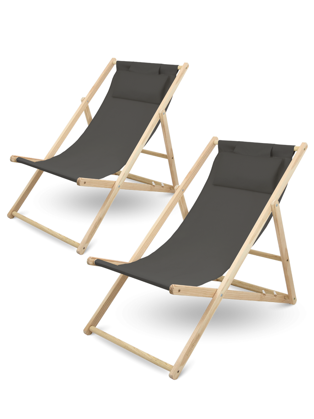 Set van 2 inklapbare ligstoelen van hout met antracietkleurige bekleding en nekkussen, vooraanzicht