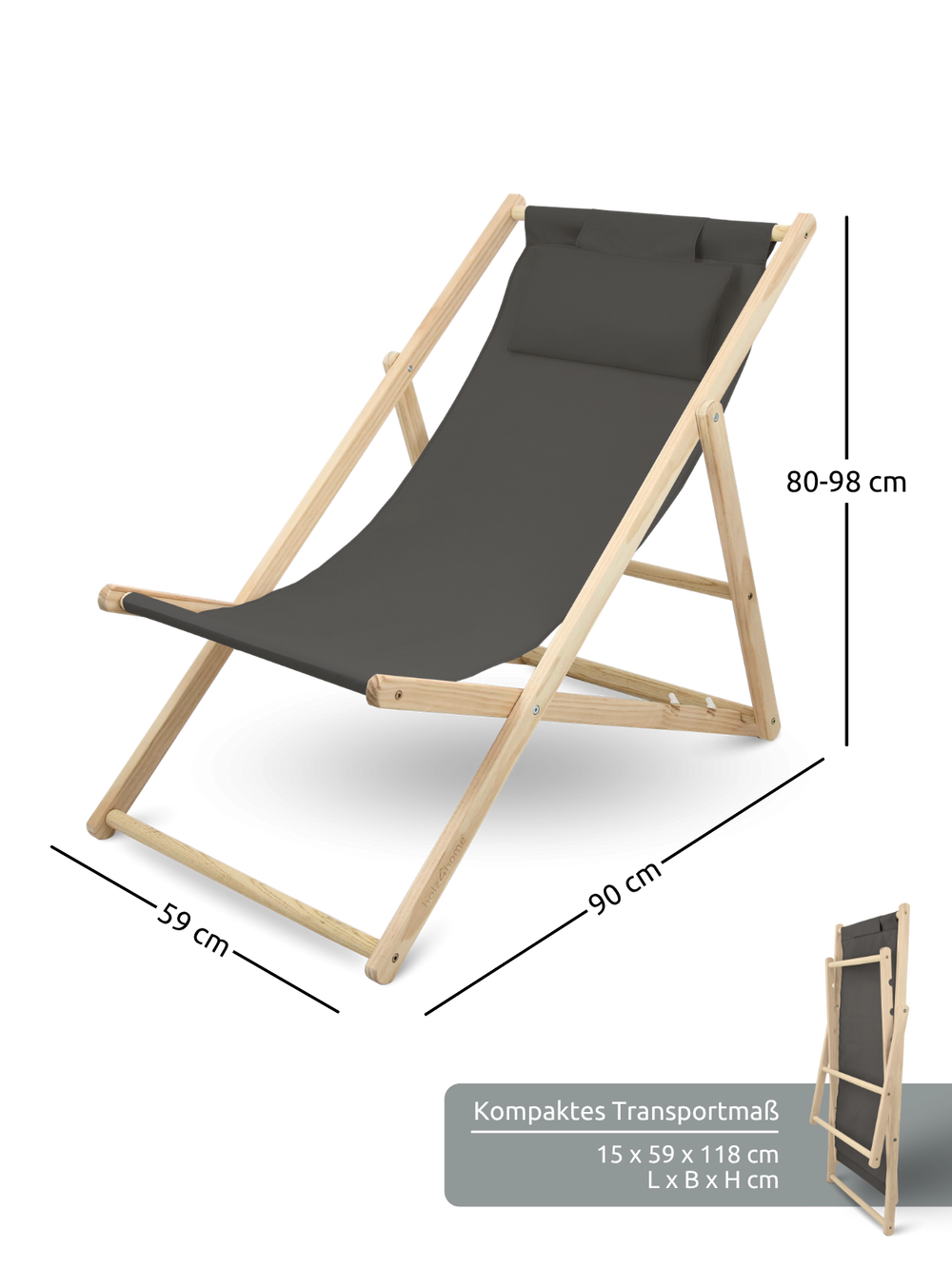 Maattekening houten ligstoel: 90 cm lang, 59 cm breed, 80-98 cm hoog, transportmaat 15x59x118 cm