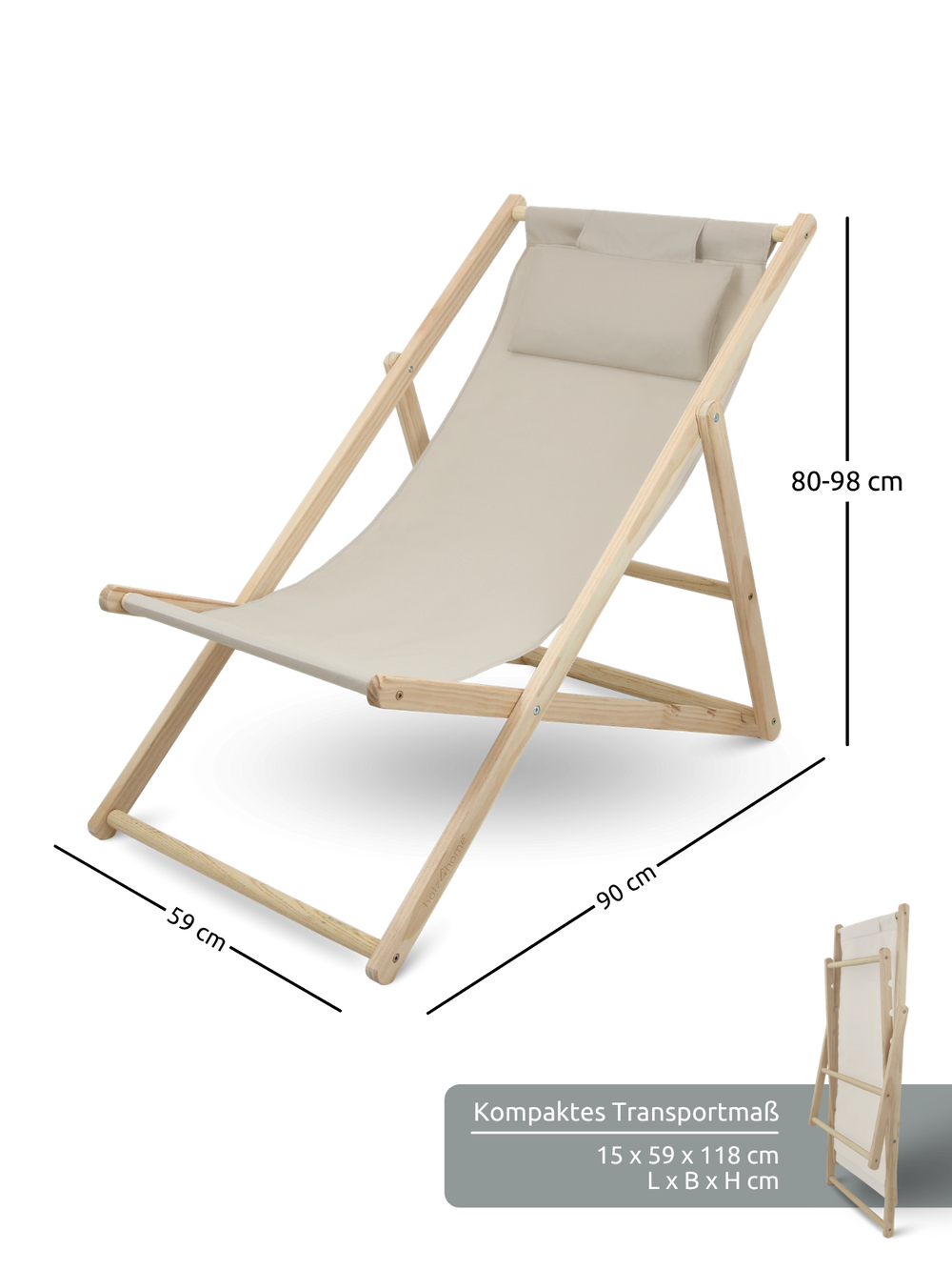 Maattekening van de houten ligstoel met 90 cm lengte, 59 cm breedte en 80 tot 98 cm hoogte