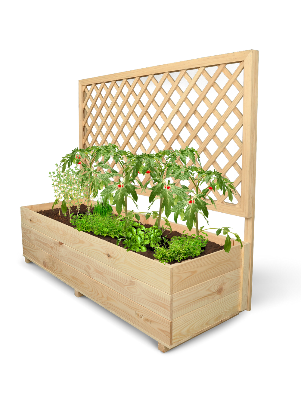 Grote plantenbak XL van grenen met klimrek, beplant met tomaten en kruiden, vrijstaand