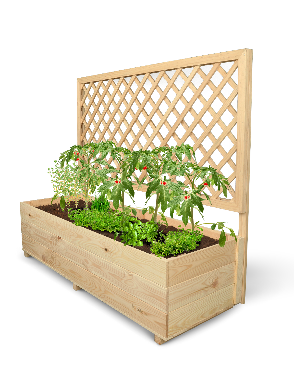 Grote plantenbak XL van grenen met klimrek, beplant met tomaten en kruiden, vrijstaand