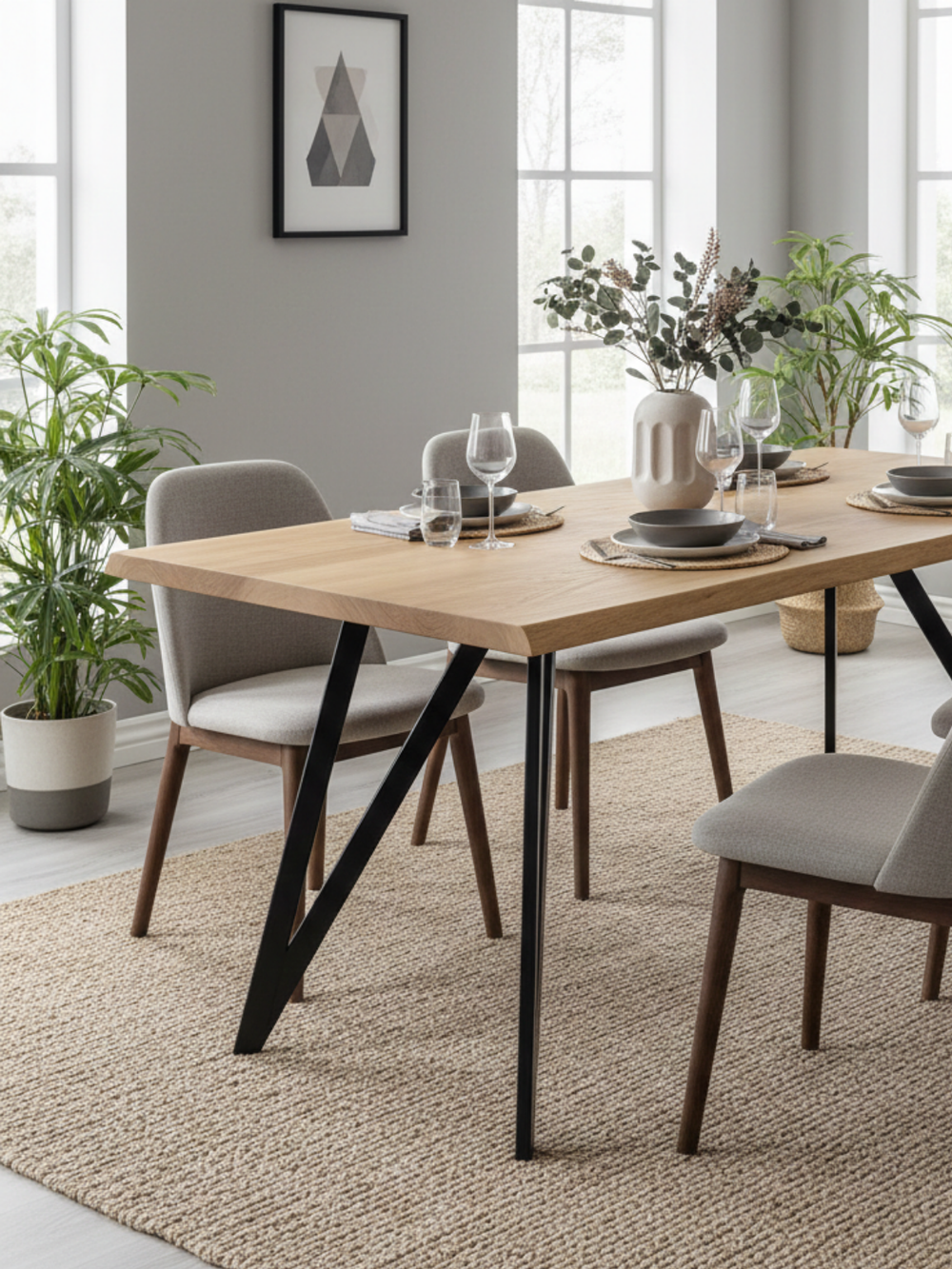 Eettafel met driehoek tafelonderstel van zwart metaal in de lichte eetkamer