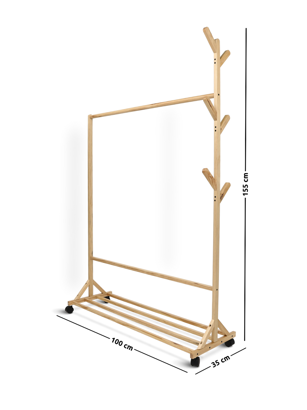 Maattekening kledingrek van grenenhout: 155 cm hoog, 100 cm breed, 35 cm diep