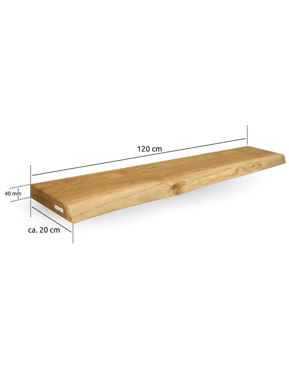 Zwevend wandrek van eikenhout met boomstamrand, maatgrafiek 120 x 20 cm en 40 mm dikte