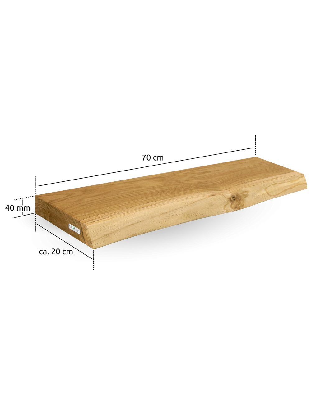 Zwevend eiken wandrek met natuurlijke boomstamrand en afmetingen 70 cm breed, ca. 20 cm diep, 40 mm dik