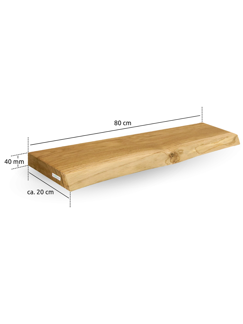 Zwevend wandrek van eikenhout met boomstamrand, maatgrafiek 80 x ca. 20 cm bij 40 mm dikte